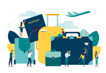 vector illustration, concept of vacation planning, business trip, trip, suitcase and tourism set, hand luggage, travel, tour