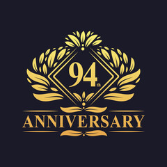 94 years Anniversary Logo, Luxury floral golden 94th anniversary logo.