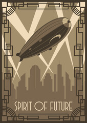 Dirigible above the City, Urban Background, Rays of Light, Art Deco Frame © koyash07