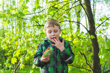 The child licks his sticky hands. Baby boy keeps a delicious doughnut in the forest in spring, summer. Happy hungry child.