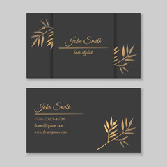 Business card with floral design. Vector template, scalable to standard 3.5x2 inch size. Black gold palette - 355852678