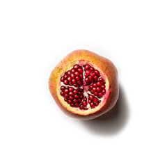 Top down view of an opened pomgranate isolated on white background.