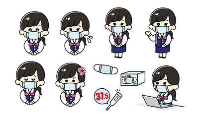 マスクをする制服姿の事務員女性 イラスト（ベクター）