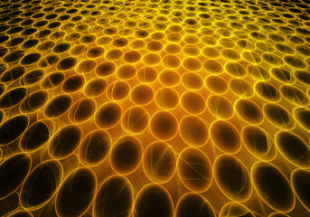Flying golden discs in space fractal illustration