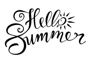 Fototapeta premium Hello summer hand drawn lettering with sun icon. Logo templates.