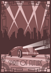 Retro Car Poster, Art Deco Style Frame, Cityscape Silhouette Background