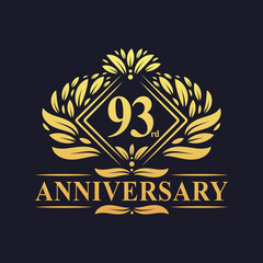93 years Anniversary Logo, Luxury floral golden 93rd anniversary logo.