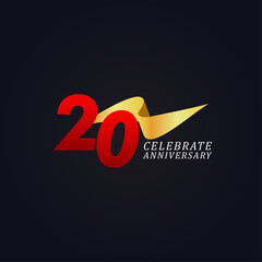 20 Years Anniversary Celebration Elegant Gold Ribbon Vector Template Design Illustration