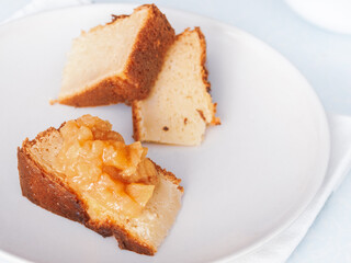 a few pieces of cake on a plate. cake with apple jam