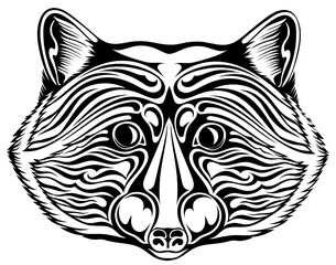 Black and white stylized image of a muzzle of a raccoon for tattoo and other.