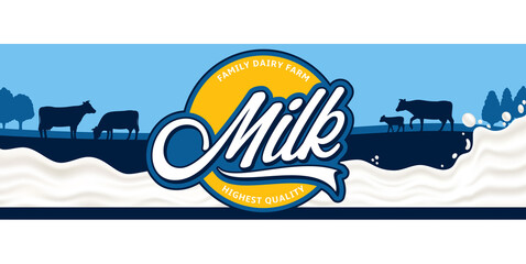 Fototapeta premium Vector milk round label template. Milk splash vector illustration and cow and calf silhouettes for dairy products packaging, branding and advertisment