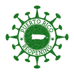 Puerto Rico reopening stamp. Green round badge of country with map of Puerto Rico. Country opening after lockdown. Vector illustration.