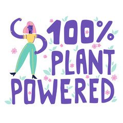 Plant Powered. Vegan Character. Vegan concept. Vegan lettering. Flat Cartoon Vector Illustration. Clip art