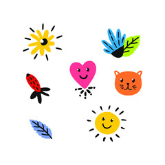 Hand drawn stock vector illustration, in doodle style. A set of elements. Funny sun, heart, cat, flowers and leaves.