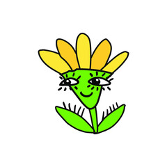 Hand drawn stock vector illustration, in doodle style. Yellow flower with a smile and eyes.