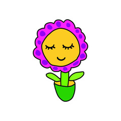 Hand drawn stock vector illustration, in doodle style. Pink embarrassed flower with a smile and eyes closed.