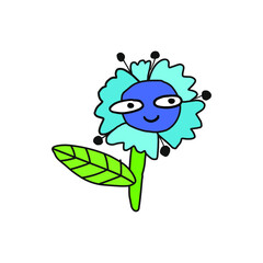 Hand drawn stock vector illustration, in doodle style. Blue smiling cheerful flower cornflower.