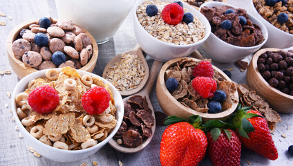 Bowls with different sorts of breakfast cereal products