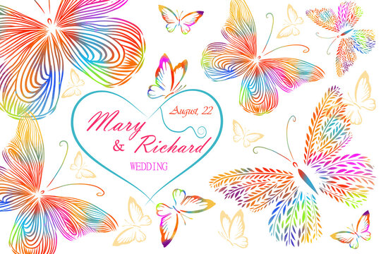 frame with multi-colored butterflies. With love. Happy wedding. Happy Valentine's Day. Vector illustration