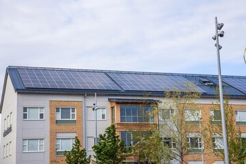 House with solar panels on roof building. Sweden. Europe.
