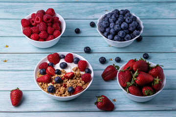 Muesli with greek yogurt on the table