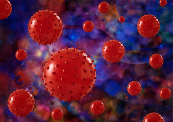 Obraz na płótnie Canvas Image of CAVID-19 influenza virus cell cavid-19 Coronavirus influenza banner background.Pandemic medical crisis-cell disease as 3D visualization.Social distancing at home