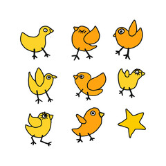 Set of yellow chicks. Hand drawn stock vector illustration, in doodle style. 