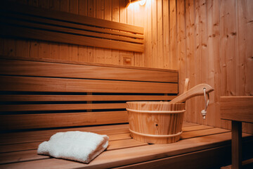 Fototapeta na wymiar Private wooden sauna with folded towels, wooden bucket and a wooden spoon. 