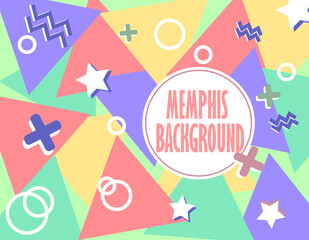 abstract memphis background in pastel colors with large triangles and circles of pink and cute colors.