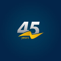 45 Years Anniversary Celebration White Blue and Yellow Ribbon Vector Template Design Illustration