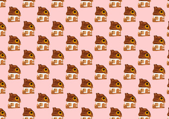 Pattern with a house. Toy house on a pink background.
