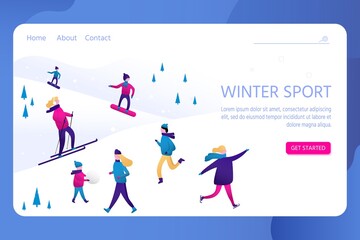 Winter sports with people, men and women, children and family. Vector scene with skiing, skating, snowboarding. Flat characters in the ski resort. Christmas design for landing page, poster, banner.