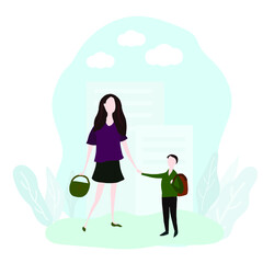 Mother with a boy holding hands. Vector illustration.