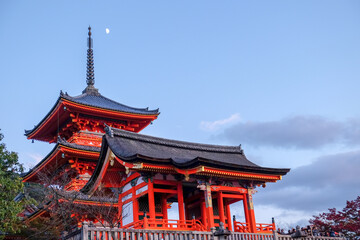 The pagoda in Kiyomizu dera temple, Kyoto, Japan, in the dusk with the moon and the twilight sky in autumn.
The pagoda in Kiyomizu dera temple, Kyoto, Japan, in the dusk with the moon and the tw