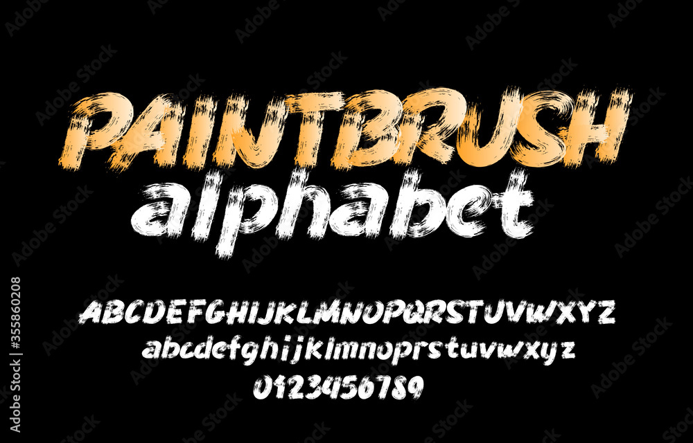 Fototapete paintbrush alphabet font. uppercase and lowercase handwritten brushstroke letters and numbers. stock