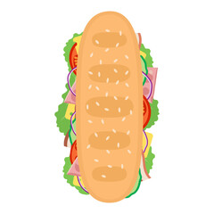 sub sandwich with tomato lettuce ham cheese bacon onion top view on white background