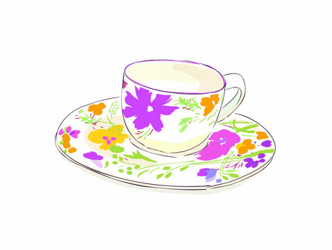 cup of tea and saucer.cup and saucer illustration.flower cup for tea time.