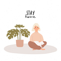 cute girl sitting with white cat and plants. Cozy living place illustration. Vector woman with cat illustration in trandy flat style