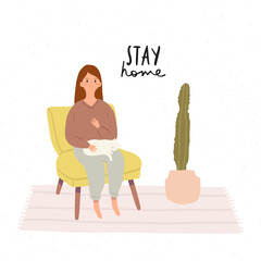 cute girl sitting in comfy armchair with white cat and plants. Cozy living place illustration.