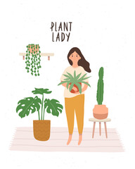 cute girl standing with differnt home plants. Cozy living place illustration. Vector girl with plants illustration in trandy flat style