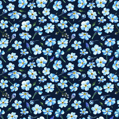 Myosotis, watercolor illustration,spring flowers,card for you, handmade, seamless pattern, dark background