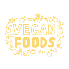 Vegan Foods. Handwritten lettering for restaurant, cafe menu. Vector elements for labels, logos, badges, stickers or icons.