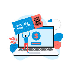 Gift card and promotion strategy, gift voucher, discount coupon and gift certificate concept in internet store on laptop.	
