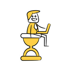 businessman working on laptop and sitting on hourglass yellow stick figure design