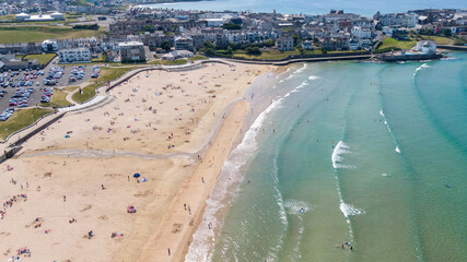 Aerial view on sandy Beach and coast of Atlantic Ocean in Portrush Northern Ireland, Top view on...