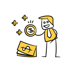 happy businessman and passive income, financial concept yellow stick figure theme