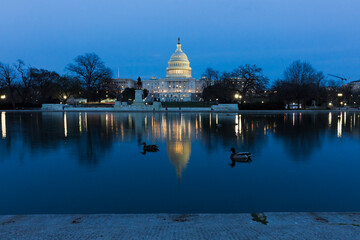 Obraz premium Night-time city vista from Union Square looking east across the Capitol Reflecting Pool towards the United States Capitol Building, Capitol Hill, Washington DC