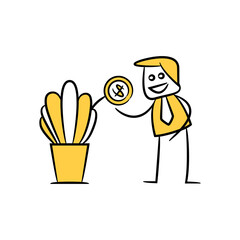 businessman plants money, financial concept yellow stick figure theme
