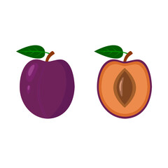 Violet plum with a leaf, whole and half. Fruit isolated on a white background. Stock vector illustration.