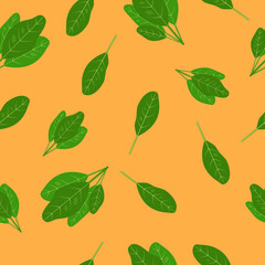 Obraz premium Bright seamless pattern. Summer vector background with green leaves spinach on a orange background. For design of fabrics, packaging and wallpapers.
